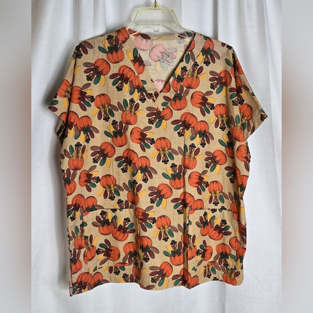 Hand Crafted‎ Thanksgiving Turkey Cartoon Unisex Scrub Top *SEE MEASUREMENTS